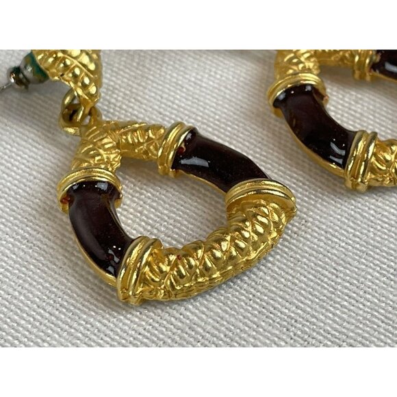 Vintage Drop Dangle Hoops Gold Tone Chocolate Brown Post Earrings Pierced - Picture 2 of 6